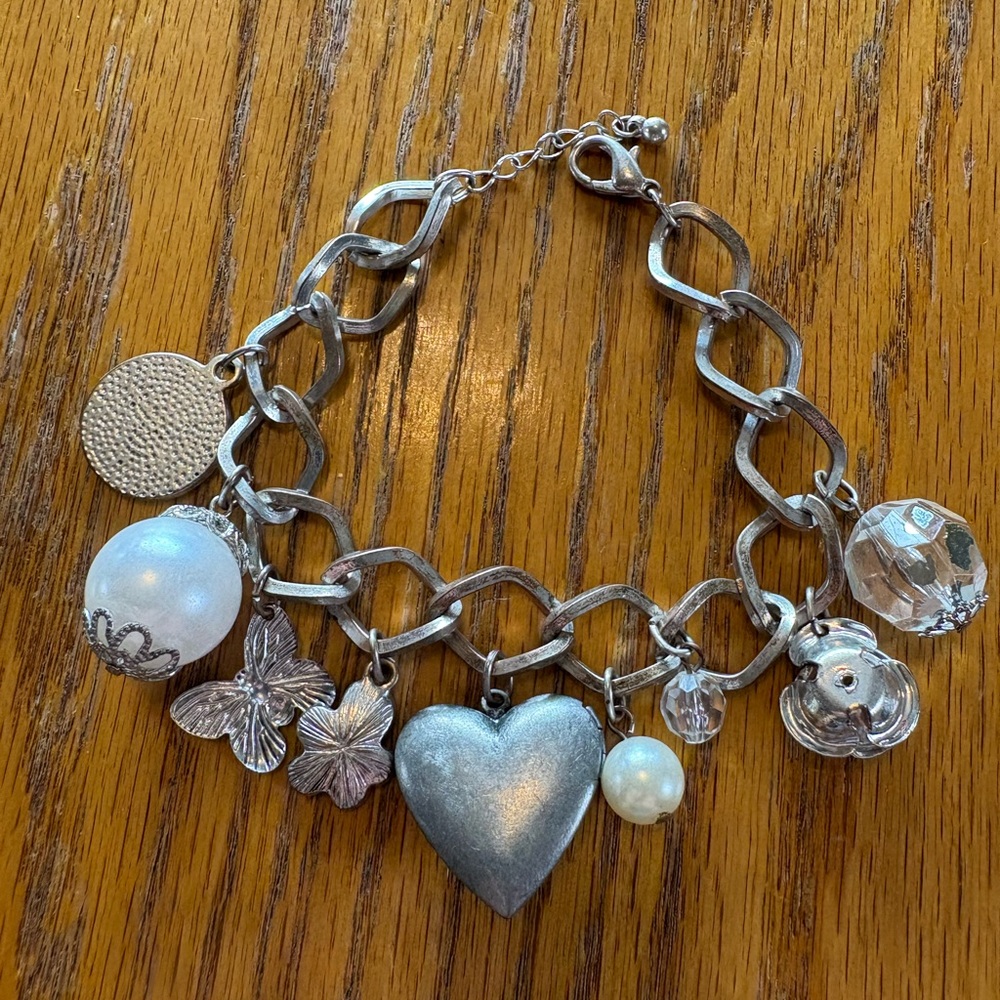 Vintage Costume Silver Heart & Charm Bracelet with Pearls and Crystals